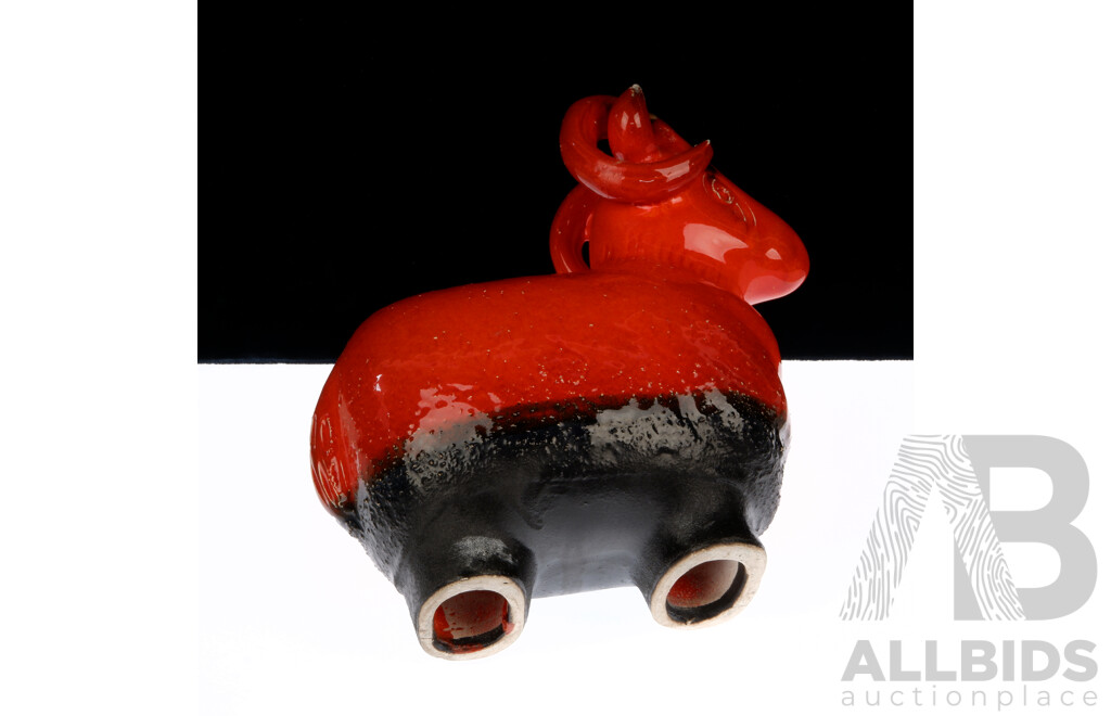 Retro Ceramic Ram Figure with Burnt Orange Glaze