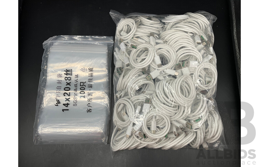 BULK LOT of USB C Cable and Zip Lock Bag - Approx 100 Each - LOT of 2