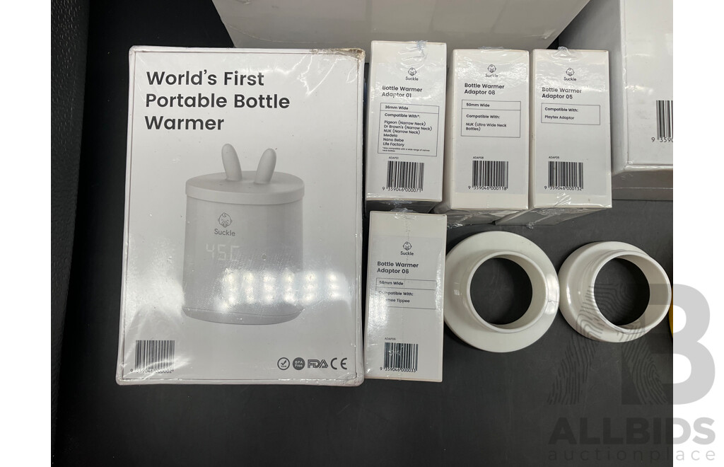 SUCKLE Food Warmer, Portable Bottle Warmer, Portable Bottle Warmer with Bottle, Bottle Adaptors and Spare Lids for Food Warmer - Lot of 10
