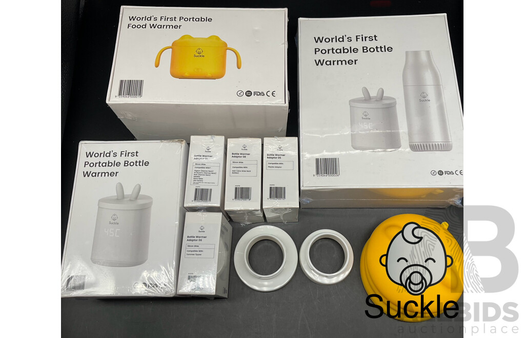 SUCKLE Food Warmer, Portable Bottle Warmer, Portable Bottle Warmer with Bottle, Bottle Adaptors and Spare Lids for Food Warmer - Lot of 10