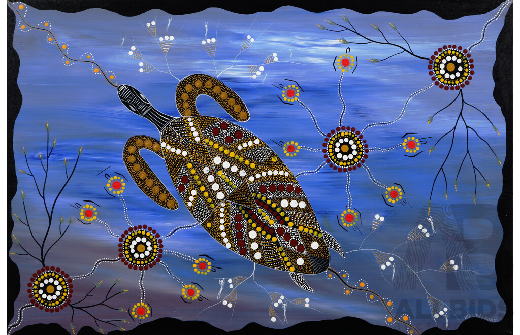Dean Rotumah, (20th Century, Indigenous-Australian), Turtle Dreaming, Acrylic on Canvas, 61 X 91 Cm