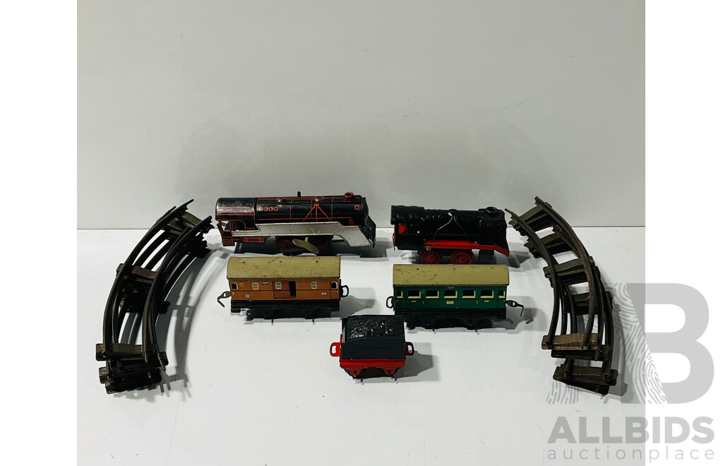 Vintage Pressed Steel Clockwork 'O' Scale Steam Locomotives, Tender, Passenger Carriages and Curved Truck, Made in US Zone Germany