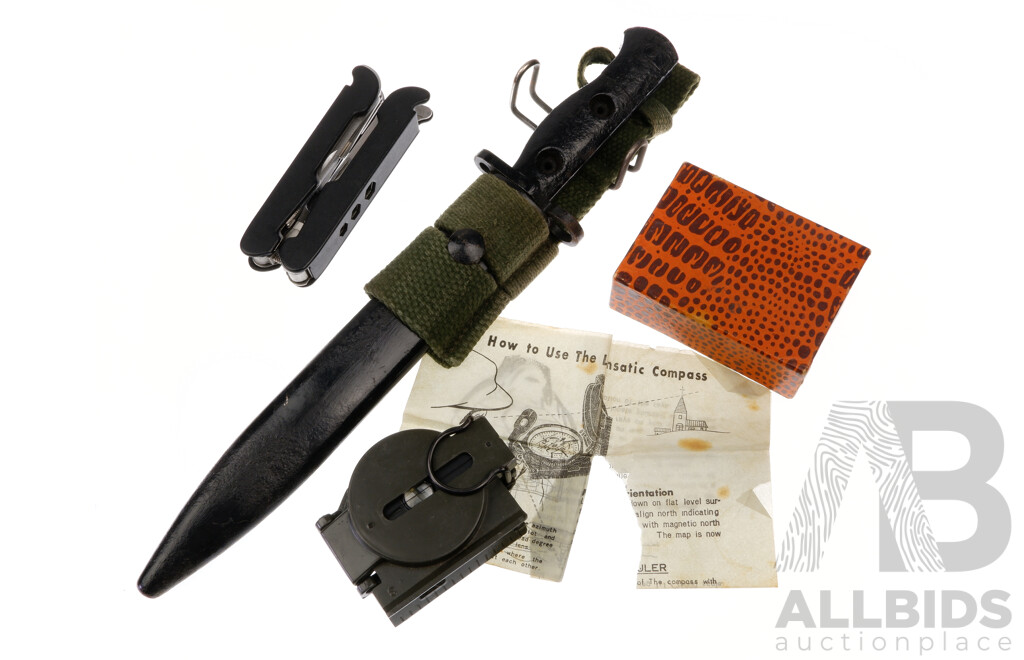 Military Bayonet and Scabbard with Lensatic Compass and Multi Tool