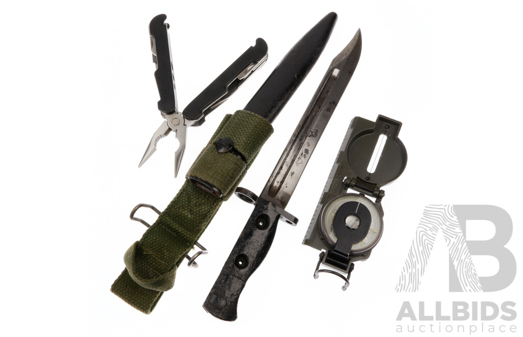 Military Bayonet and Scabbard with Lensatic Compass and Multi Tool