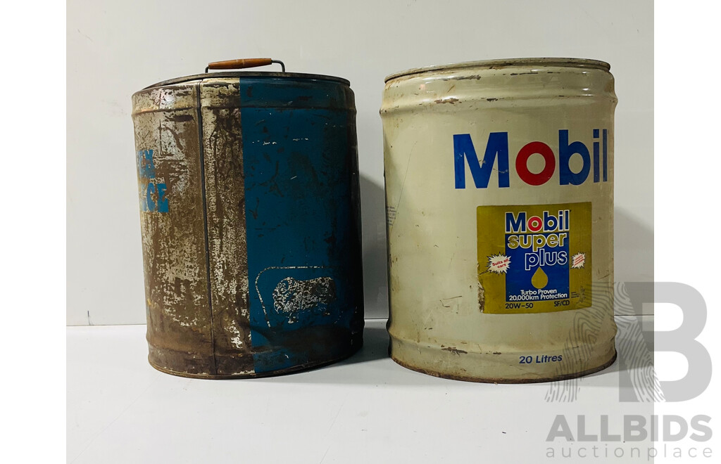 Pair of Vintage Metal Drums Including Mobil Super Plus Drum
