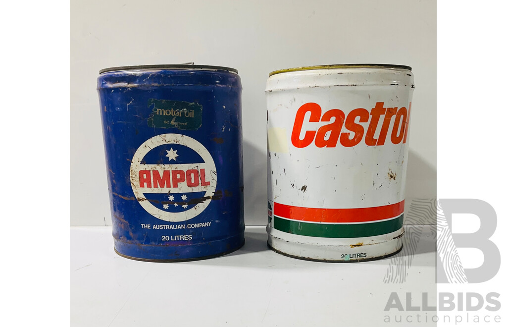 Pair of Vintage Metal Drums Including Castrol Drum and Ampol Drum