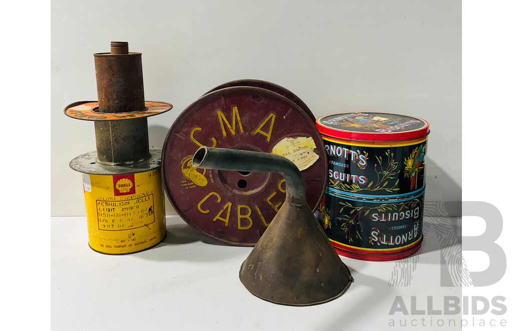 Collection of Vintage Biscuit Tins and Cable Rolls Including Arnott’s and CMA Cables