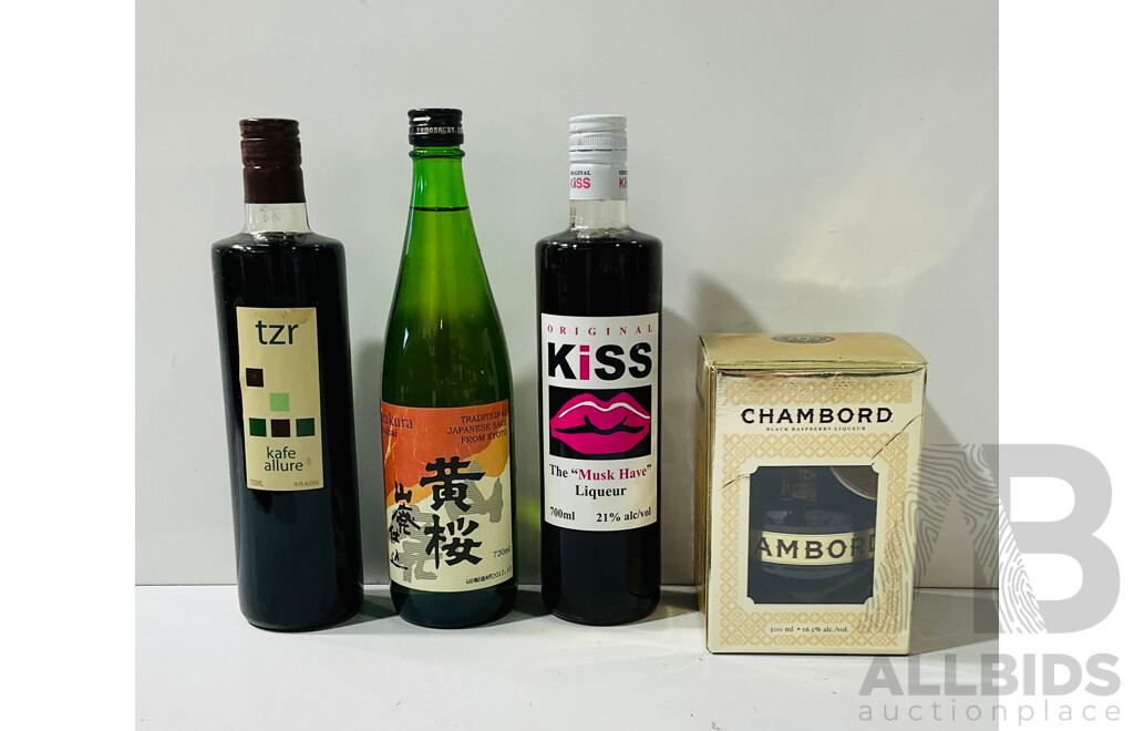 Collection of Four Bottles of Assorted Alcohol Including Chambord Black Raspberry Liqueur, Tzr Kafe Allure, Original Kiss “musk Have” Liquer and Kizakura Yamahai Sake