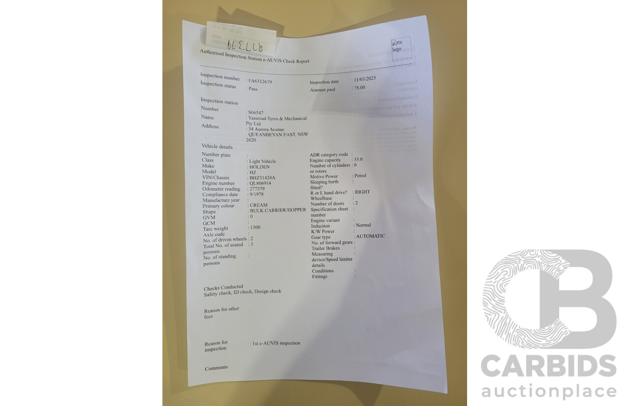 9/1978 Holden HZ One Tonner 2d Tray Back Utility Cream 3.3L