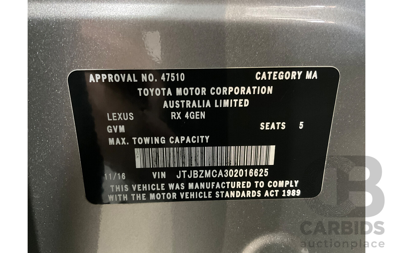 11/2016 Lexus Rx350 Sports Luxury (AWD) GGL25R MY17 4d Wagon Sonic Titanium Metallic V6 3.5L