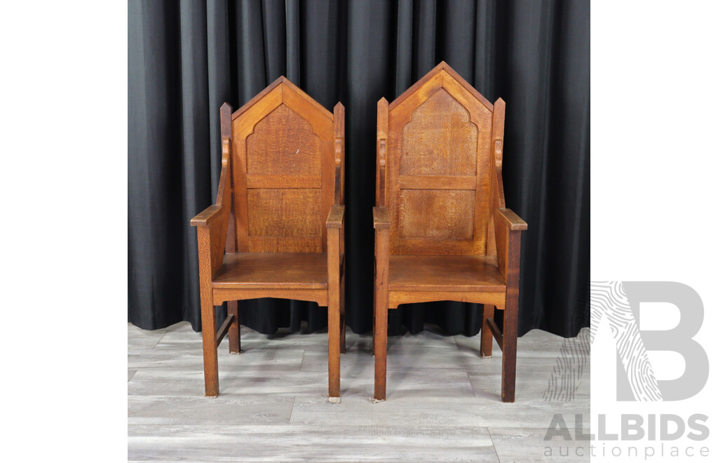 Pair of Silky Oak Ecclesiastical Armchairs