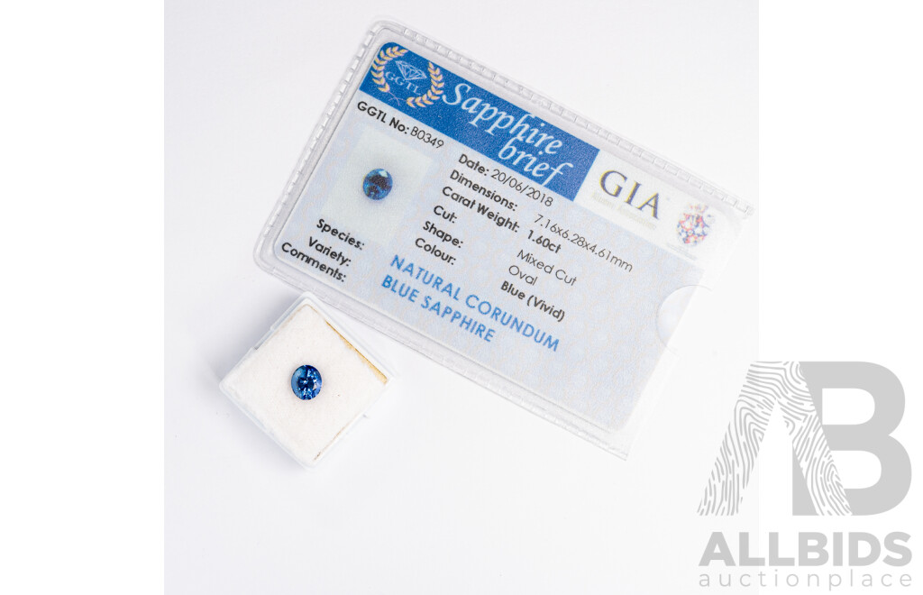 Blue Sapphire, Natural Corundum Unset Oval Cut Gemstone, Origin Sri Lanka, 1.60ct - GGTL Brief B0349