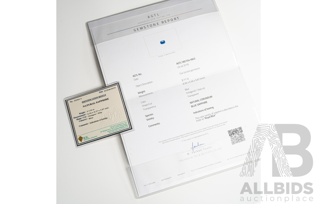 Blue Sapphire, Natural Corundum Emerald Cut Gemstone, Origin Sri Lanka, 3.11ct - AGTL & IGL Reports