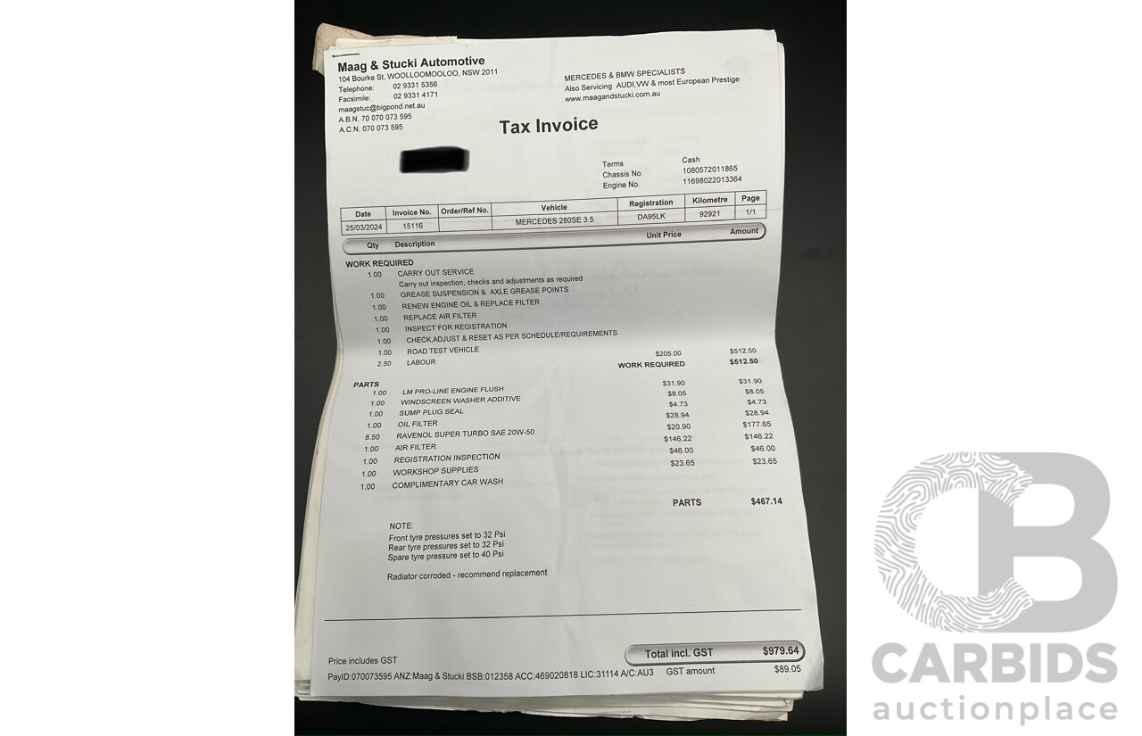 10/1972 Mercedes Benz 280 SE 3.5 W108 4d Sedan Papyrus White V8 3.5L