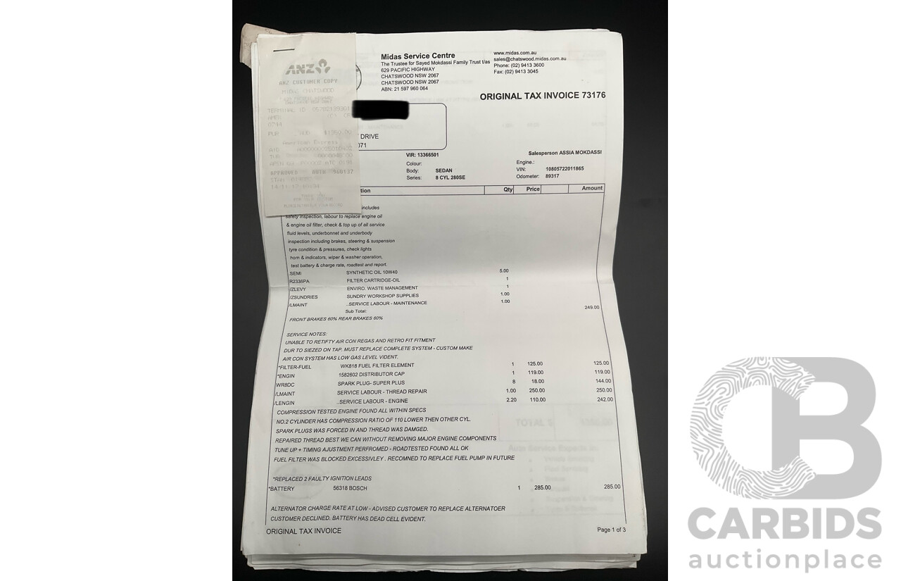 10/1972 Mercedes Benz 280 SE 3.5 W108 4d Sedan Papyrus White V8 3.5L