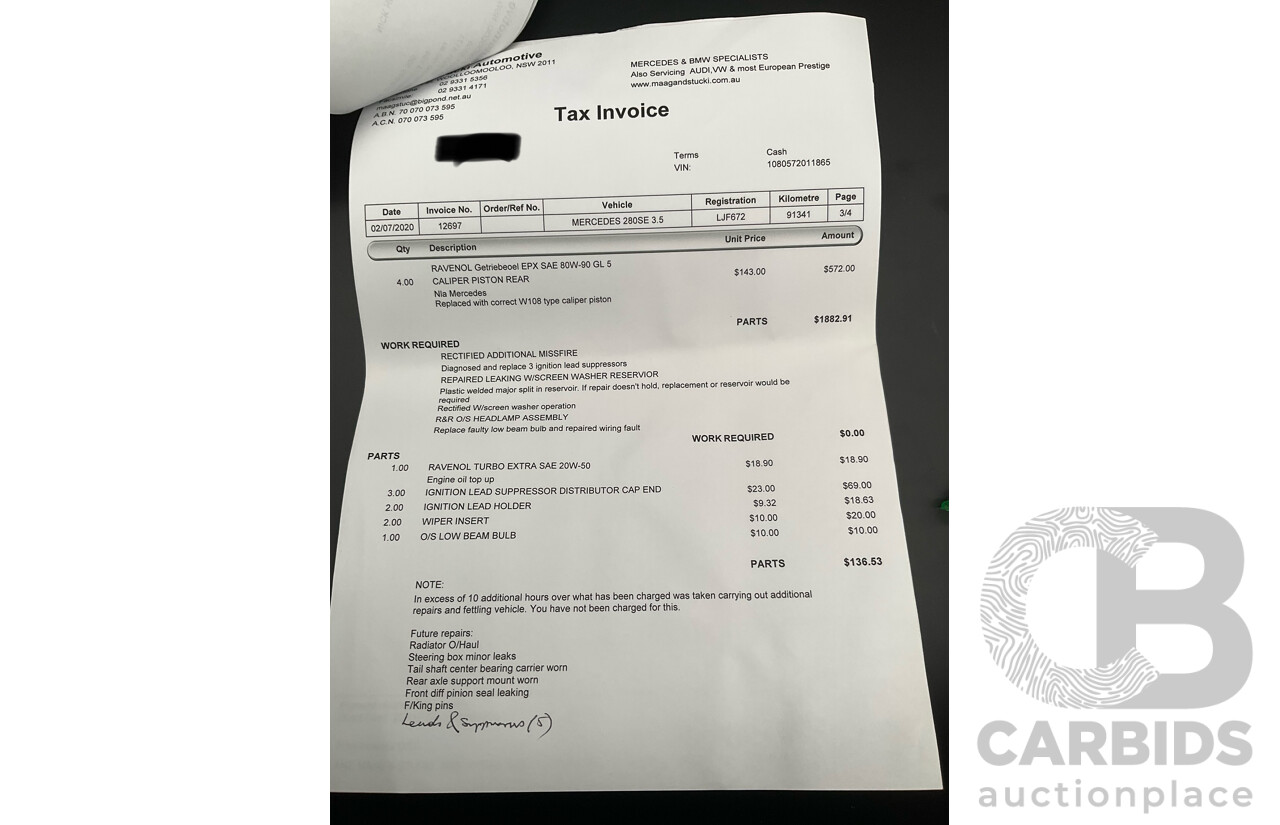 10/1972 Mercedes Benz 280 SE 3.5 W108 4d Sedan Papyrus White V8 3.5L