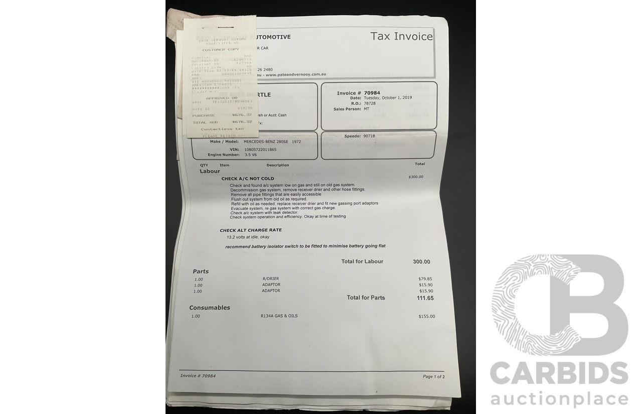 10/1972 Mercedes Benz 280 SE 3.5 W108 4d Sedan Papyrus White V8 3.5L