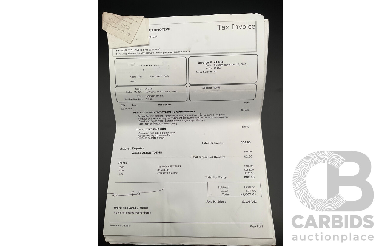 10/1972 Mercedes Benz 280 SE 3.5 W108 4d Sedan Papyrus White V8 3.5L