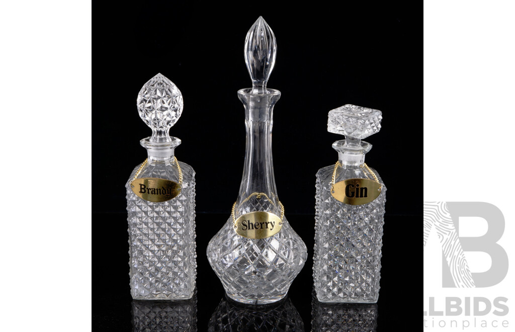 Collection Three Decanters with Stoppers & Brass Labels Including Round Polish Hand Cut Violetta Example