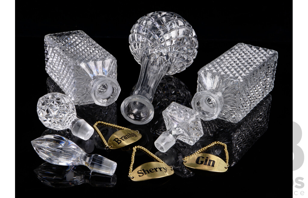 Collection Three Decanters with Stoppers & Brass Labels Including Round Polish Hand Cut Violetta Example