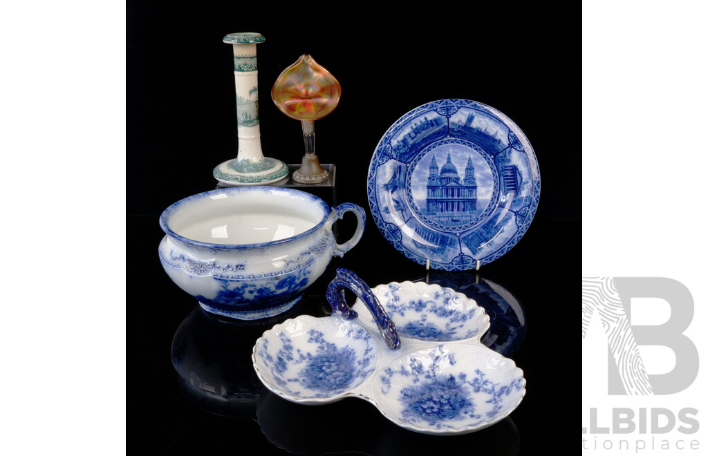 Collection Antique Items Including Blue & White English Porcelain, Iridescent Glass Epergne with Silver Plate Base and More
