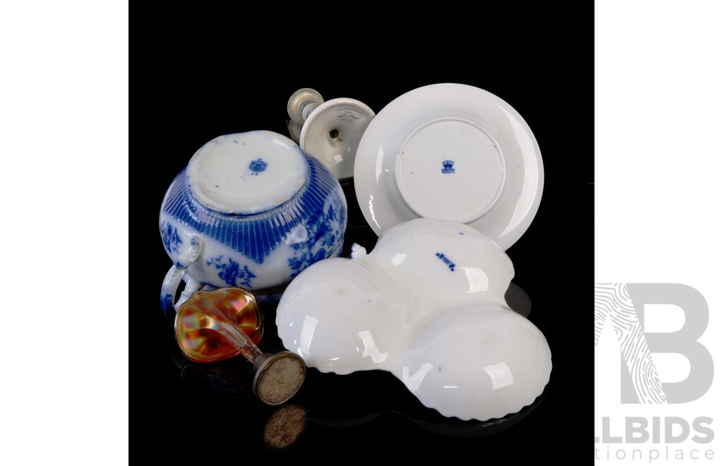 Collection Antique Items Including Blue & White English Porcelain, Iridescent Glass Epergne with Silver Plate Base and More