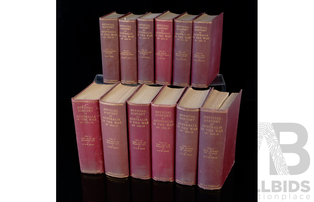Complete 12 Volume First Edition Set C E W Bean Official History of Australia in the War of 1914 to 1918, Angus & Robertson, Sydney, All Cloth Bound Hardcovers