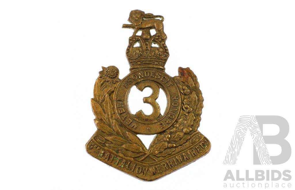 Vintage Australian Brass Werriwa Regiment 3rd Infantry Battalion Hat Badge, 1930 to 1942