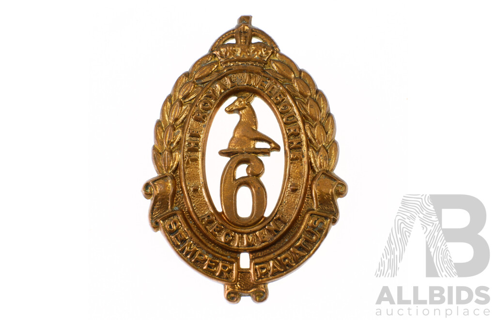Vintage Australian Brass Royal Melbourne Regiment 6th Infantry Battalion Hat Badge, 1930 to 1942