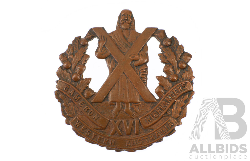 Vintage Australian Copper Cameron Highlanders of WA 16th Infantry Battalion Hat Badge, 1930 to 1942