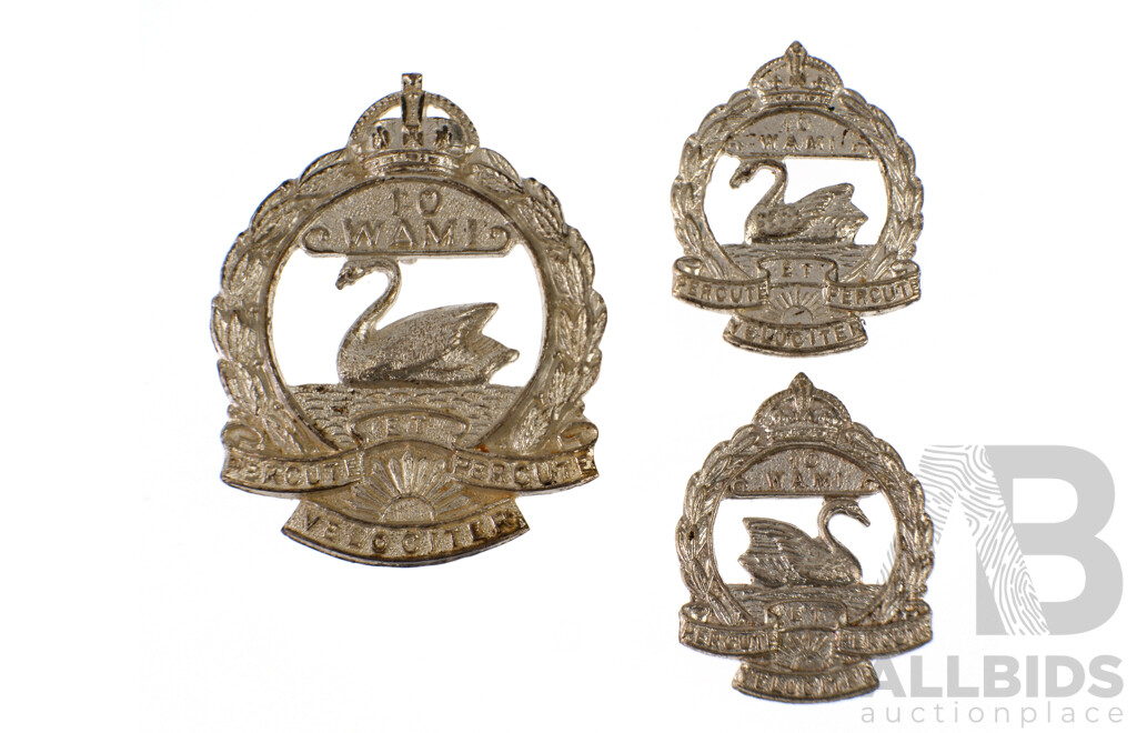 Three Vintage Australian White Metal 10th West Australian Mounted Infantry Battalion Hat Badges, 1948 to 1953