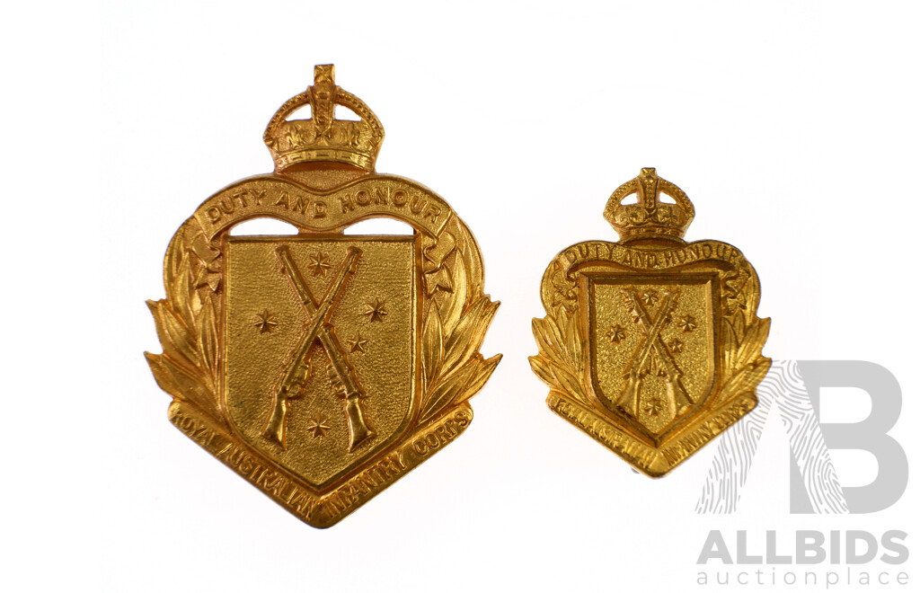 Two Vintage Australian Brass Royal Australian Infantry Corps Hat Badges, 1948 to 1953