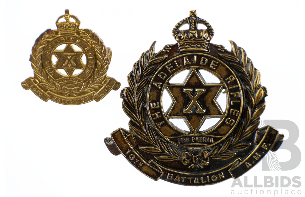 Two Vintage Australian Brass Adelaide Rifles 10th Infantry Battalion Hat Badges, 1948 to 1953