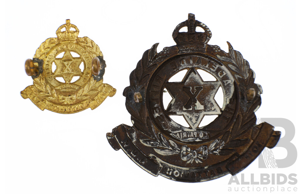 Two Vintage Australian Brass Adelaide Rifles 10th Infantry Battalion Hat Badges, 1948 to 1953