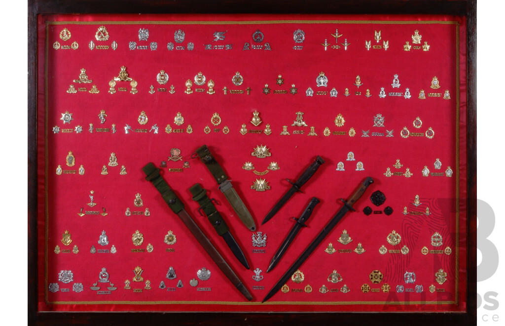 Presentation of Australian Military Badges and Three Australian Bayonets Framed in Antique Adelaide Railway Board, Circa 1850s