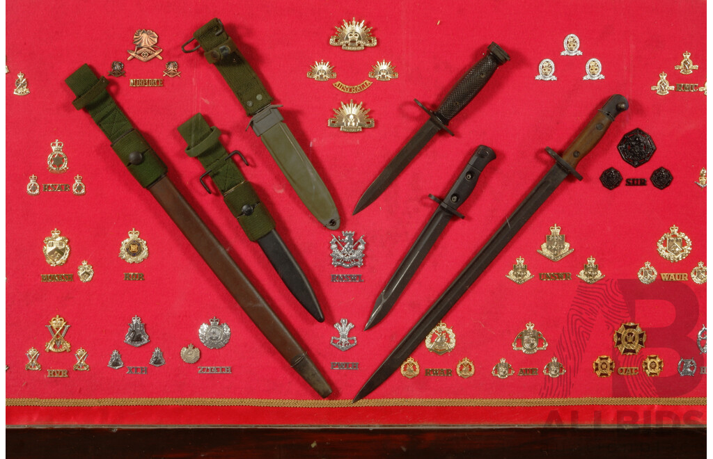Presentation of Australian Military Badges and Three Australian Bayonets Framed in Antique Adelaide Railway Board, Circa 1850s