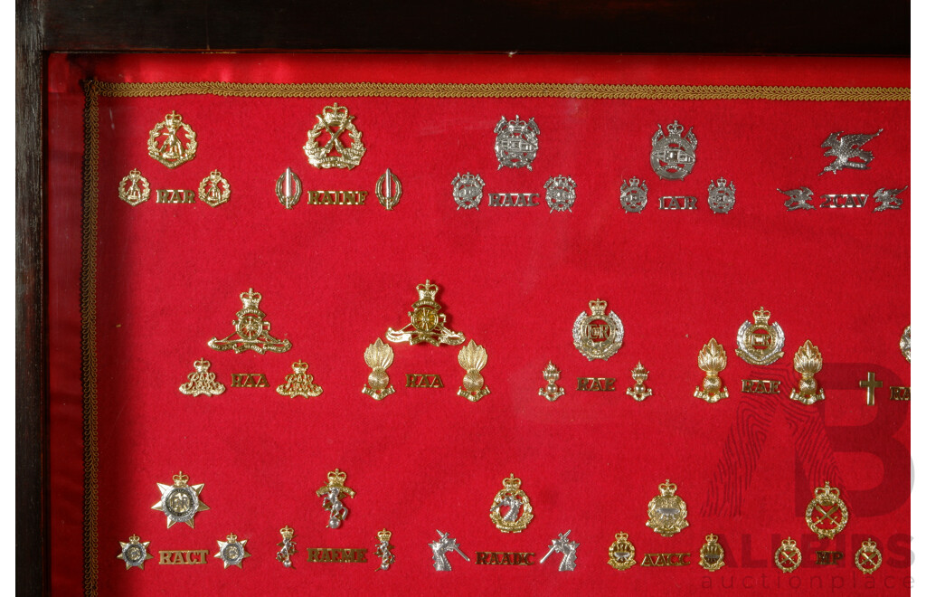 Presentation of Australian Military Badges and Three Australian Bayonets Framed in Antique Adelaide Railway Board, Circa 1850s