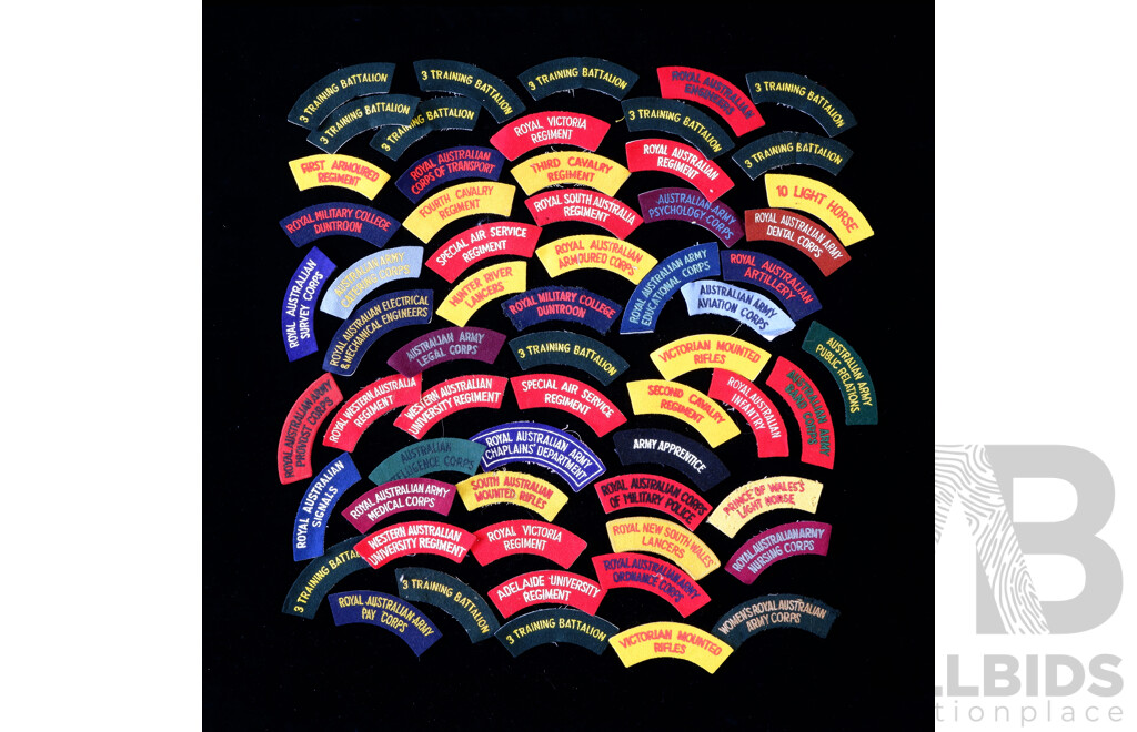 Collection Australian Army Winter Battle Dress Flashes Including Rare 3 Training Battalion, Fourth Cavalry Regiment, First Armoured Regiment and More