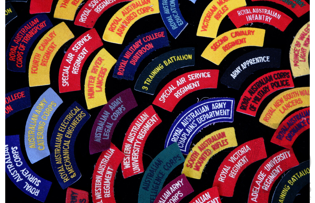 Collection Australian Army Winter Battle Dress Flashes Including Rare 3 Training Battalion, Fourth Cavalry Regiment, First Armoured Regiment and More