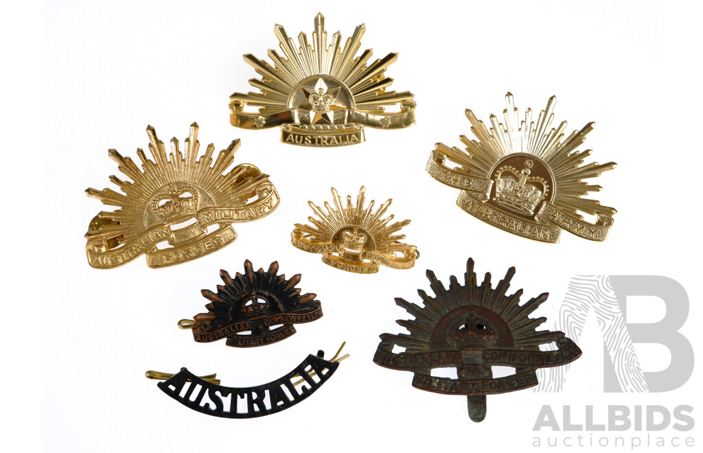 Collection Five Antique and Vintage Australian Military Rising Sun Badges Including Kings Crown & Queens Crown Examples Along with Antique Brass Flasher