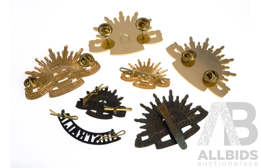Collection Five Antique and Vintage Australian Military Rising Sun Badges Including Kings Crown & Queens Crown Examples Along with Antique Brass Flasher