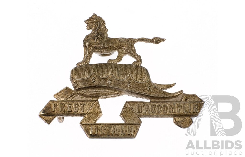 Rare Antique Australian White Metal 11th Light Horse Regiment, Victorian Mounted Rifles Hat Badge, 1900 to 1930