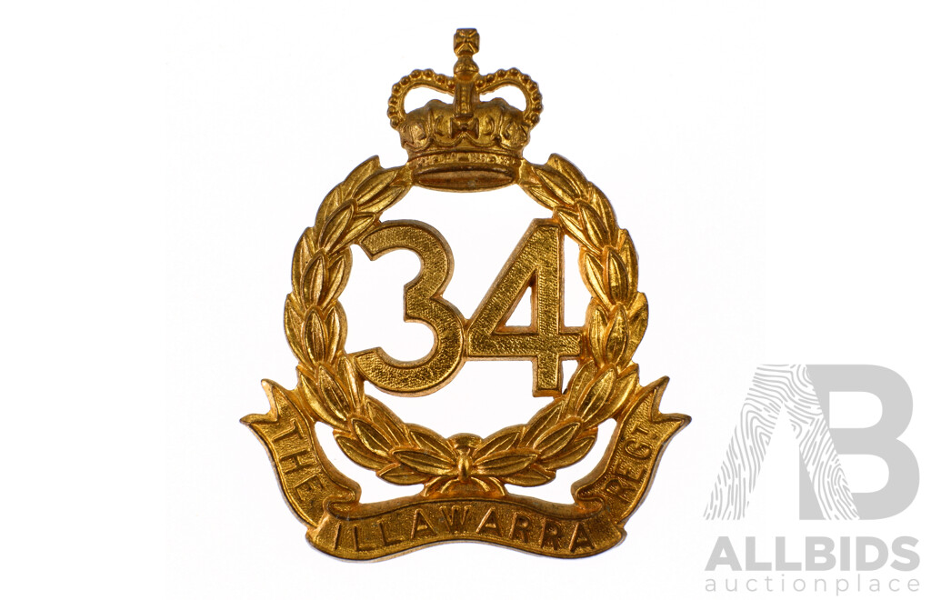 Vintage Australian Brass Illawarra Regiment 34th Infantry Battalion Hat Badge, 1948 to 1953