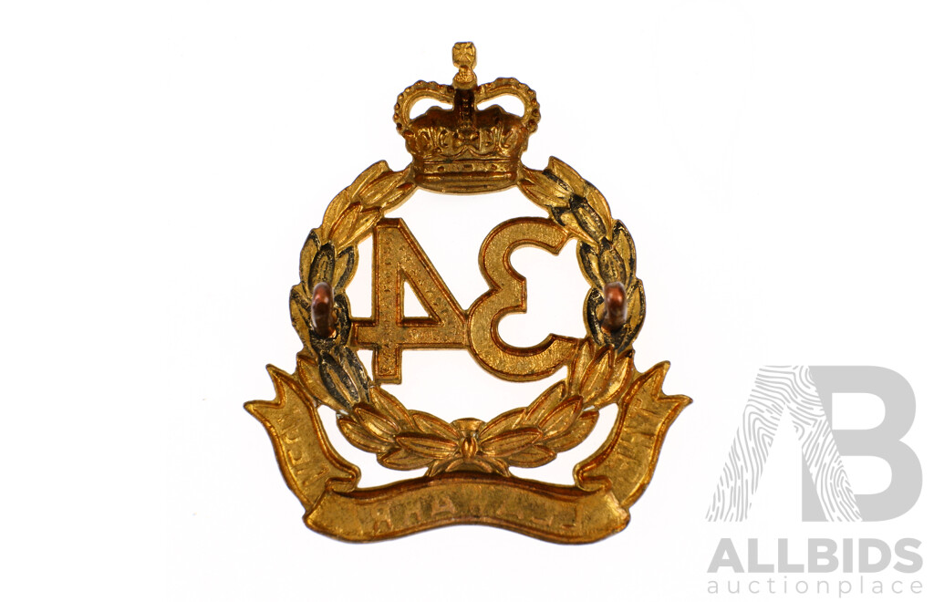 Vintage Australian Brass Illawarra Regiment 34th Infantry Battalion Hat Badge, 1948 to 1953