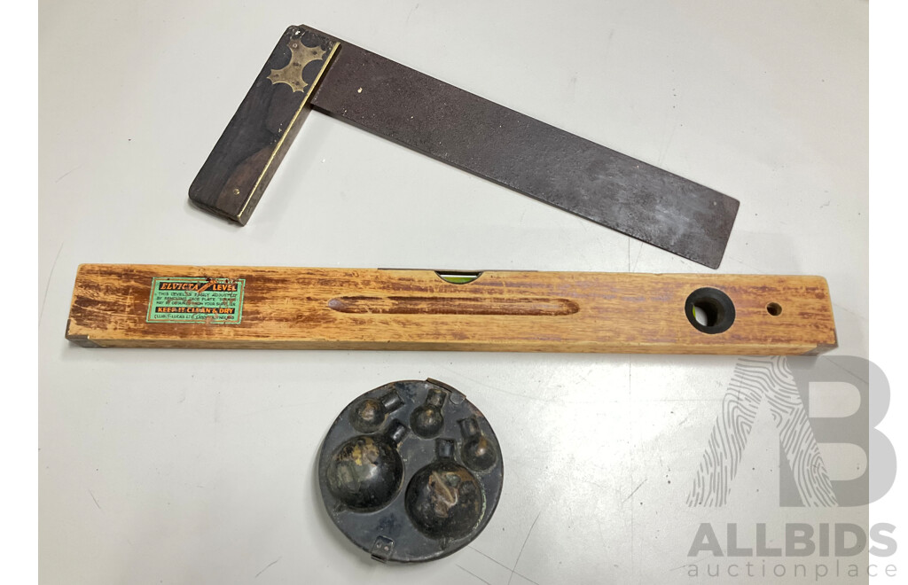 Vintage Carpenters Square with Brass Trimmings, Elvicta Adjustable Level and Vintage Rolls Royce Glove Compartment Spare Globe Kit