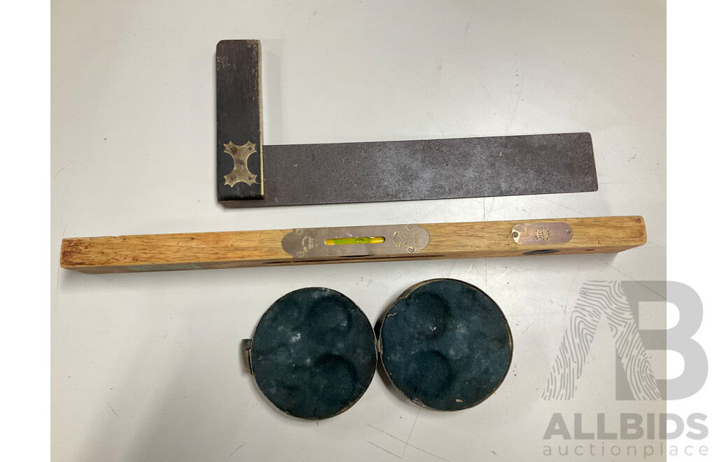 Vintage Carpenters Square with Brass Trimmings, Elvicta Adjustable Level and Vintage Rolls Royce Glove Compartment Spare Globe Kit