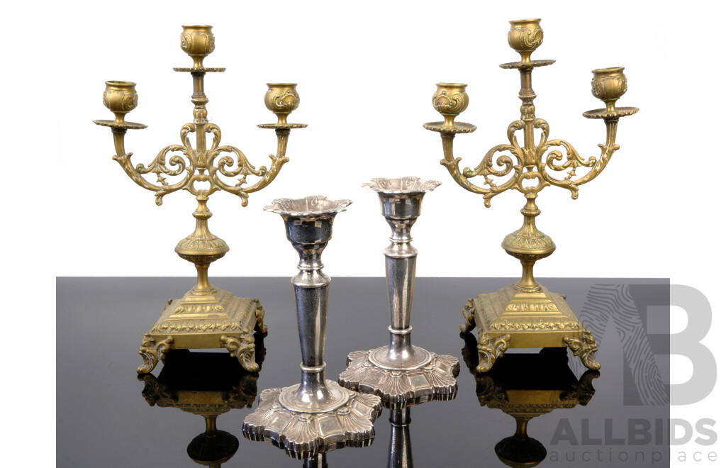 Pair Antique French Brass Three Branch Candelabras Along with Pair Vintage Silver Plate Candle Holders by Viking
