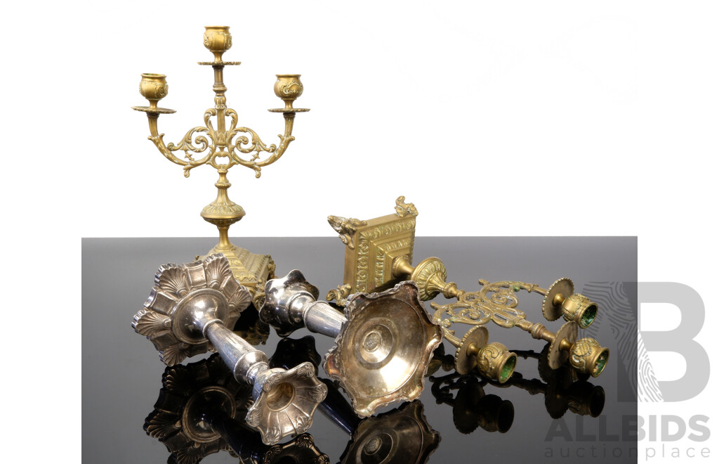 Pair Antique French Brass Three Branch Candelabras Along with Pair Vintage Silver Plate Candle Holders by Viking
