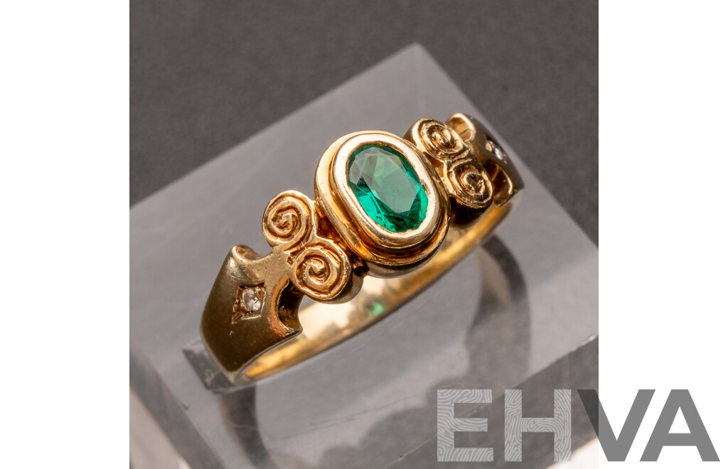 9ct Created Emerald & Diamond Ring, TDW 0.02ct, Size O, 4.17 Grams