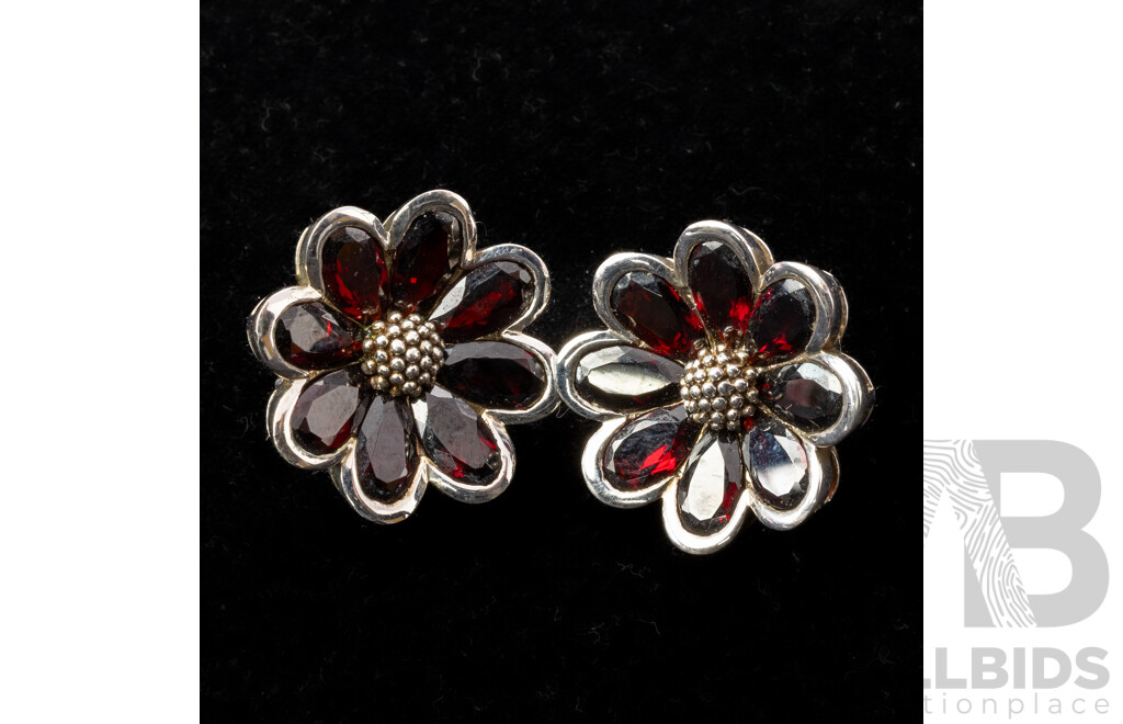 Sterling Silver Garnet Daisy Stud Earrings, 25mm, 19.79 Grams